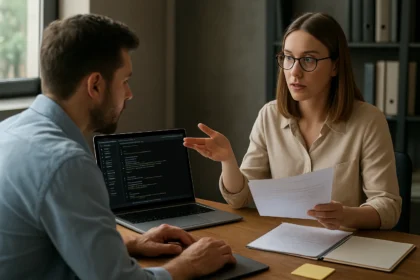 Két szakember szoftverdokumentációról beszélget egy irodában.