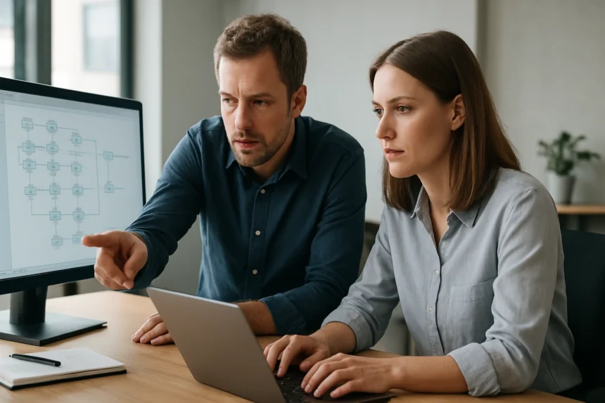 Két szakember üzemeltetés támogató rendszer elemzésén dolgozik.