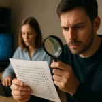 Két felnőtt munka közben, a férfi kriptoanalízist végez nagyítón keresztül, háttérben digitális biztonság ikon.