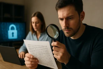 Két felnőtt munka közben, a férfi kriptoanalízist végez nagyítón keresztül, háttérben digitális biztonság ikon.