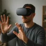 Férfi virtuális valóság headsettel, interaktív élmény közben