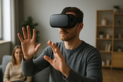 Férfi virtuális valóság headsettel, interaktív élmény közben