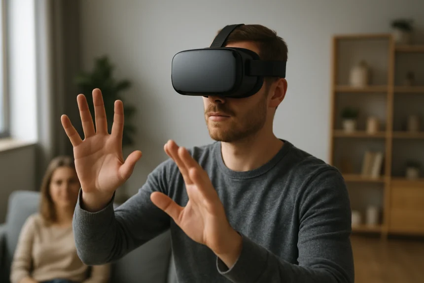 Férfi virtuális valóság headsettel, interaktív élmény közben