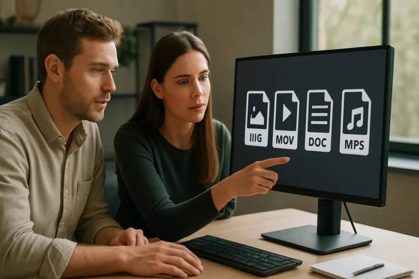 Két ember fájlformátumokról beszél egy számítógép előtt.