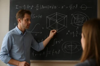 Tanár magyarázza az M-elmélet 11 dimenziós térfogalmát táblán