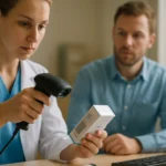 Egészségügyi szakember vonalkódos gyógyszeradminisztrációs folyamat közben.