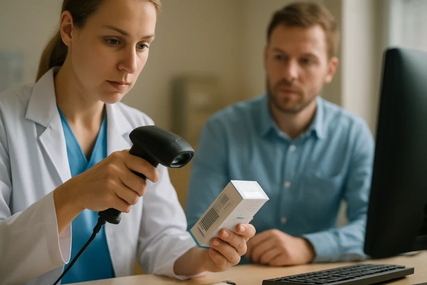 Egészségügyi szakember vonalkódos gyógyszeradminisztrációs folyamat közben.