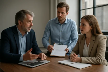 Tárgyalás a pandémiatervről egy üzleti környezetben.