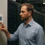 Technikai szakember a környezeti hőmérséklet beállításán egy adatközpontban.