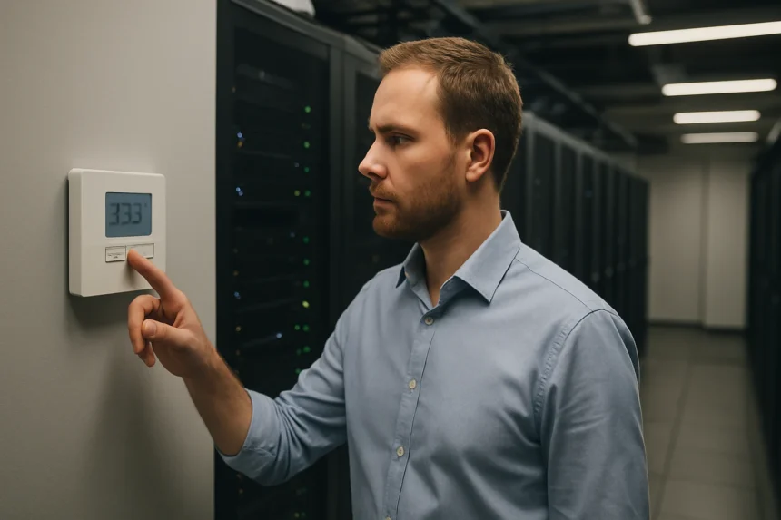 Technikai szakember a környezeti hőmérséklet beállításán egy adatközpontban.