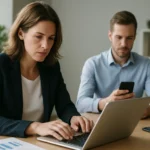 Két ember digitális marketing eszközöket használ közvetlen kommunikációhoz.