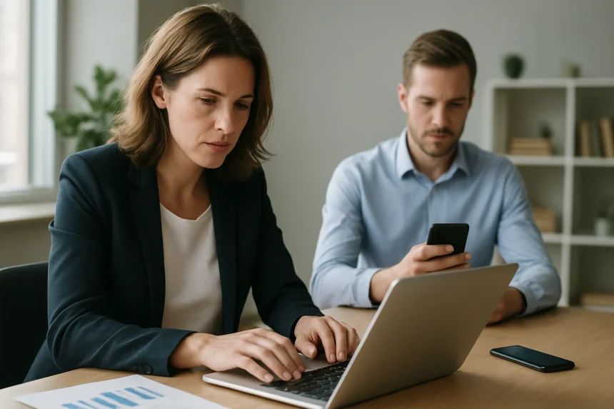 Két ember digitális marketing eszközöket használ közvetlen kommunikációhoz.