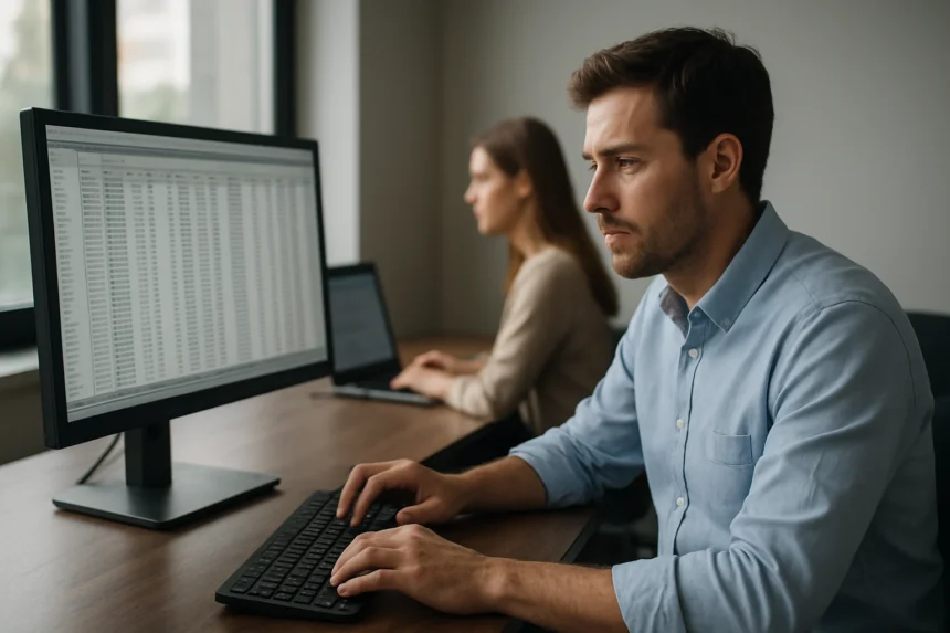 Két szakember adatokat dolgoz fel számítógépen, elektronikus adatok feldolgozása.