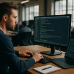 Fejlesztő dolgozik két monitor előtt a programozási környezetben.