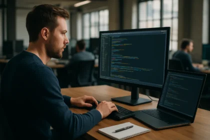 Fejlesztő dolgozik két monitor előtt a programozási környezetben.