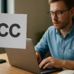 E-mail CC jelentés és használat, férfi dolgozik laptopján