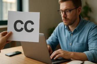 E-mail CC jelentés és használat, férfi dolgozik laptopján