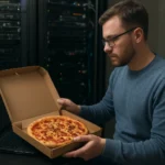 Férfi pizza dobozban, háttérben szerverek és laptop