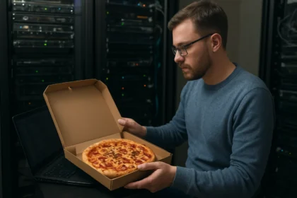 Férfi pizza dobozban, háttérben szerverek és laptop