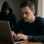 Férfi laptop előtt, mögötte egy sötét felsős figura árnyéka.