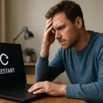 Férfi várakozik a számítógépén, újraindítási hiba üzenettel