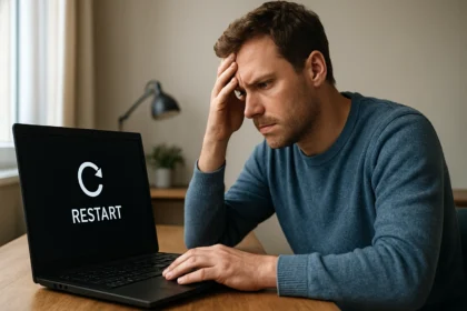 Férfi várakozik a számítógépén, újraindítási hiba üzenettel