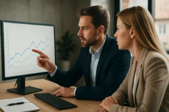 Két üzleti szakember grafikonokat elemez egy számítógépen.