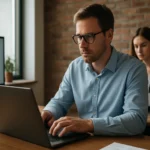 Férfi dolgozik laptopon, nő háttérben, adatbázis grafika képernyőn.