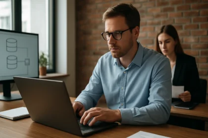 Férfi dolgozik laptopon, nő háttérben, adatbázis grafika képernyőn.