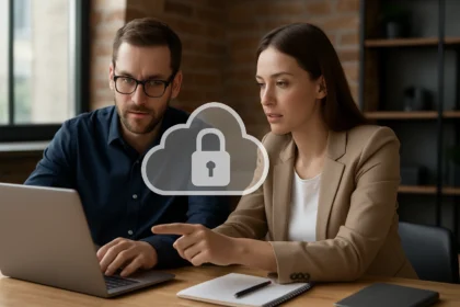 Két munkatárs egy laptop előtt a Virtual Private Cloud (VPC) megoldásait tárgyalják.