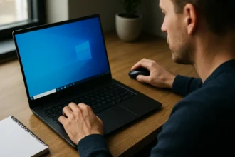 Felhasználó számítógép előtt, systray ikonok felfedezése.