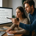 Két szakember együtt dolgozik szoftverfejlesztés és tesztelés terén.