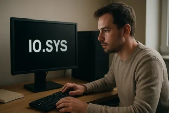 Férfi aki az IO.SYS rendszerfájlról információt keres a számítógépén.