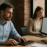 Két ember dolgozik számítógépeken szövegdoboz használatával