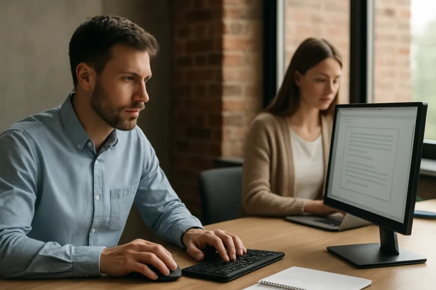 Két ember dolgozik számítógépeken szövegdoboz használatával