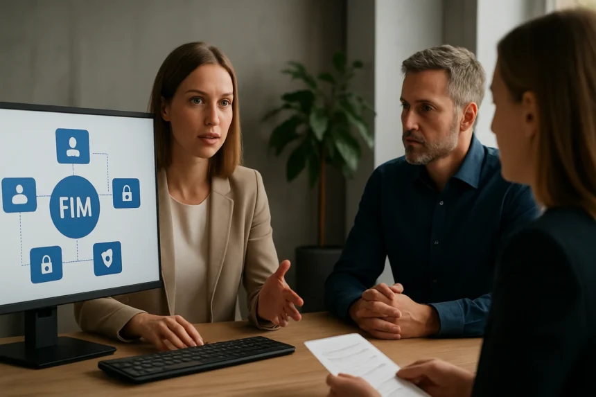 FIM rendszert bemutató prezentáció egy tárgyaláson.