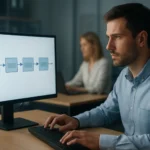 Férfi számítógépen dolgozik, miközben a pipelining folyamatot nézi.