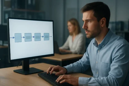 Férfi számítógépen dolgozik, miközben a pipelining folyamatot nézi.