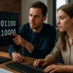 Két programozó az endianness és bájtsorrendiség megértéséről beszélget egy számítógép előtt.