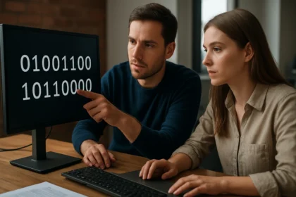 Két programozó az endianness és bájtsorrendiség megértéséről beszélget egy számítógép előtt.