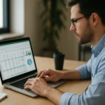 Férfi táblázatkezelő szoftver használata laptopon