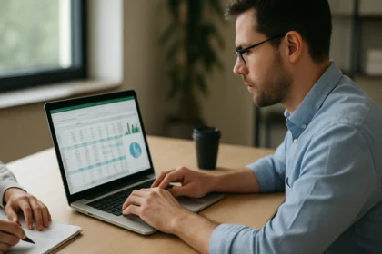 Férfi táblázatkezelő szoftver használata laptopon