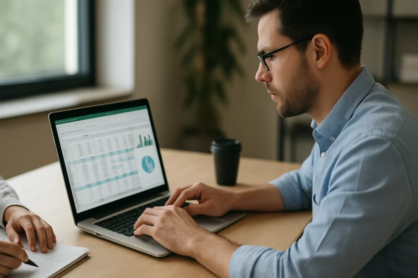 Férfi táblázatkezelő szoftver használata laptopon