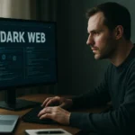 Férfi a számítógépén a Dark Web monitorozásával foglalkozik.