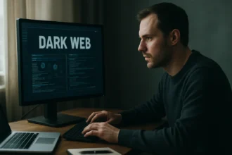Férfi a számítógépén a Dark Web monitorozásával foglalkozik.