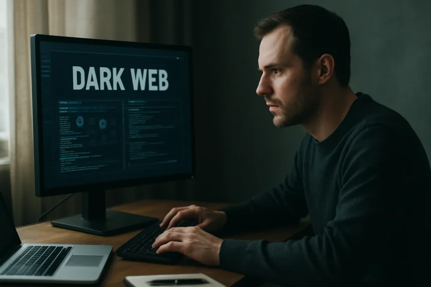 Férfi a számítógépén a Dark Web monitorozásával foglalkozik.