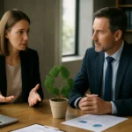 Üzleti megbeszélés a fenntarthatóság fontosságáról és táblázatokkal