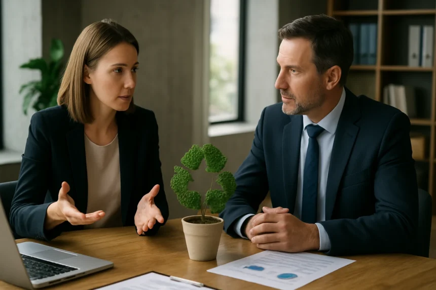 Üzleti megbeszélés a fenntarthatóság fontosságáról és táblázatokkal
