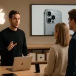 Apple termék bemutató a boltban, ügyfélszolgálótól érdeklődve.