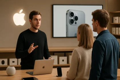 Apple termék bemutató a boltban, ügyfélszolgálótól érdeklődve.